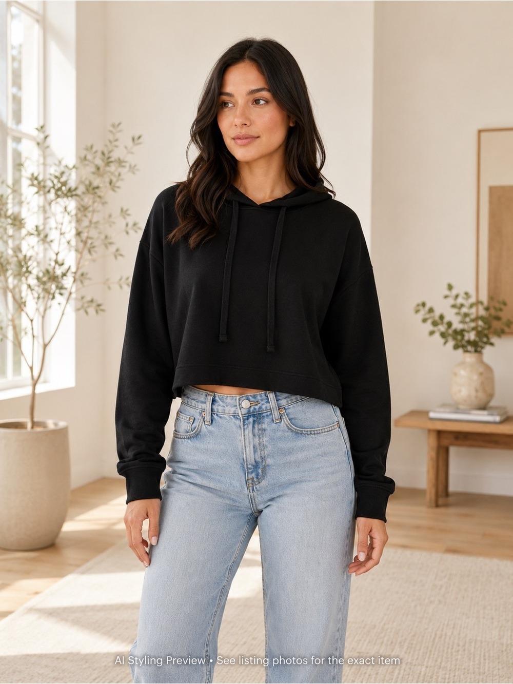Z Supply M Fits L XL Black Cropped Hoodie Oversized Lounge Pullover